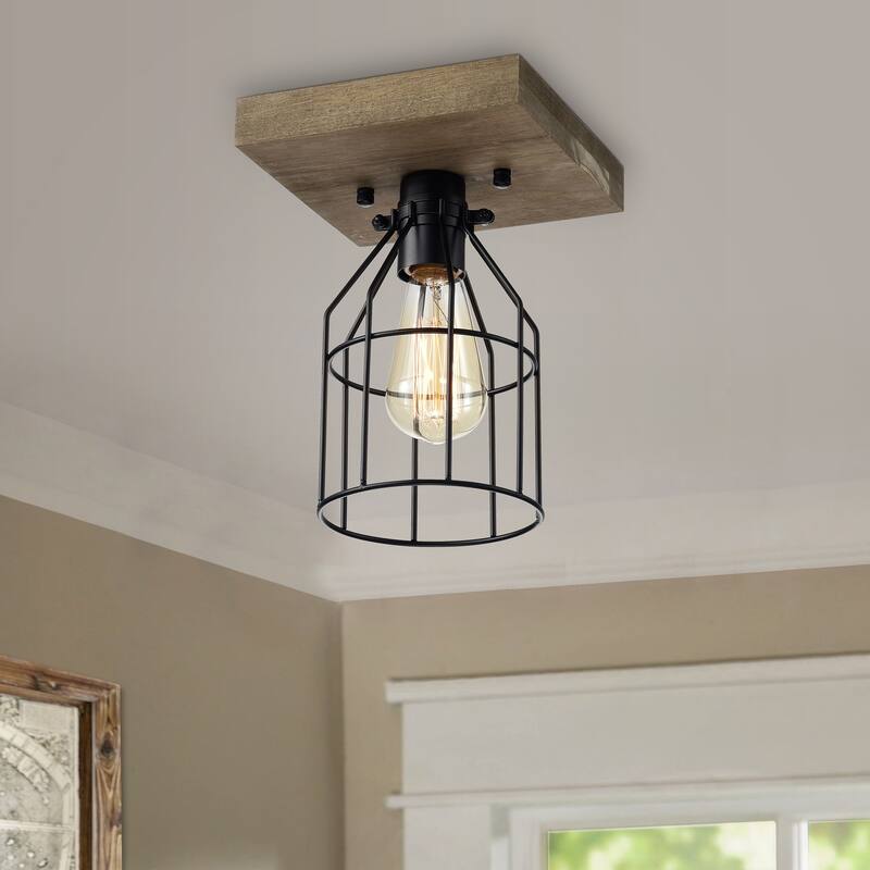 Koko 1-Light Wood and Metal Cage Flush Mount