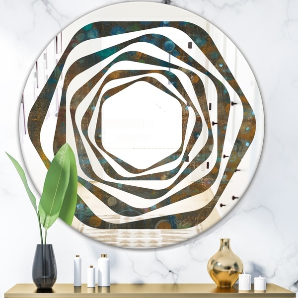 Designart 'Blue and Bronze Dots on Glass III' Modern Round or Oval Wall Mirror - Whirl