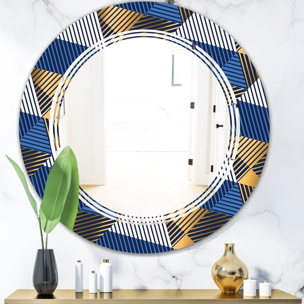 Designart 'Retro Luxury Waves In Gold and Blue V' Modern Round or Oval Wall Mirror - Triple C