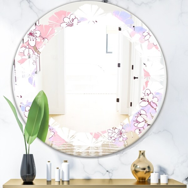 Designart 'Retro Pink Flower Pattern I' Cottage Round or Oval Wall Mirror - Leaves