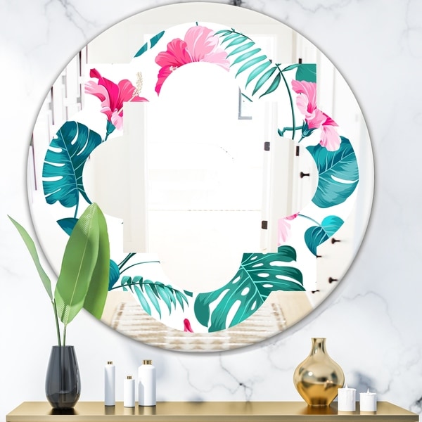 Designart 'Tropical Botanicals and Flowers' Modern Round or Oval Wall Mirror - Quatrefoil