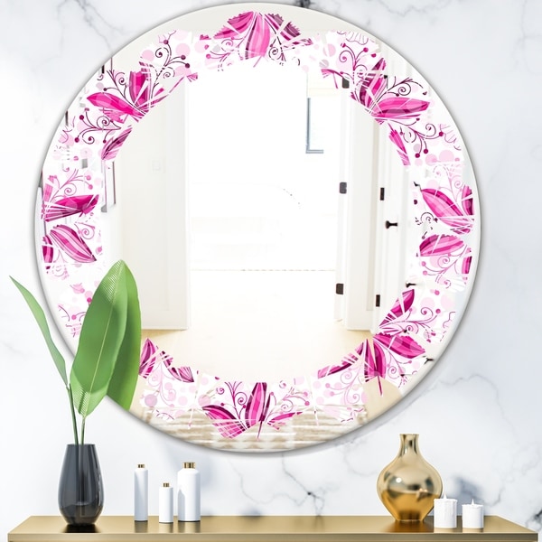 Designart 'Retro Floral Pattern XII' Modern Round or Oval Wall Mirror - Leaves