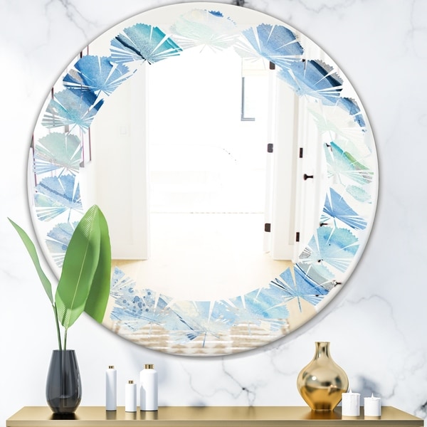 Designart 'Blue Silver Spring I' Modern Round or Oval Wall Mirror - Leaves