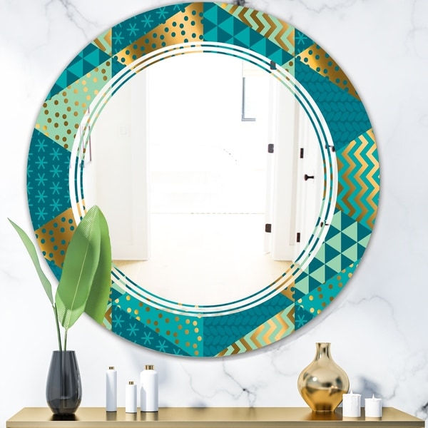 Designart 'Gold and Blue Dynamics I' Modern Round or Oval Wall Mirror - Triple C