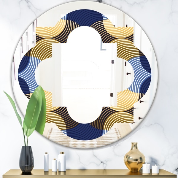 Designart 'Retro Luxury Waves In Gold and Blue II' Modern Round or Oval Wall Mirror - Quatrefoil