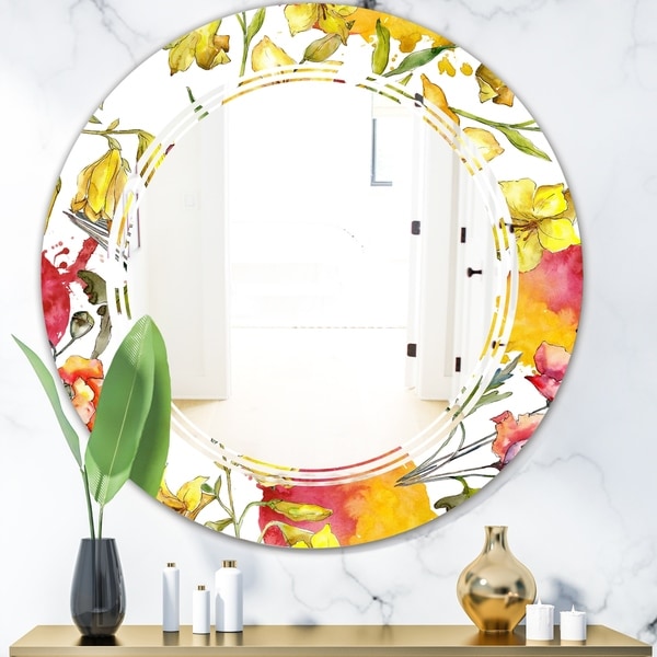 Designart 'Retro Handdrawn Poppies IV' Cottage Round or Oval Wall Mirror - Triple C