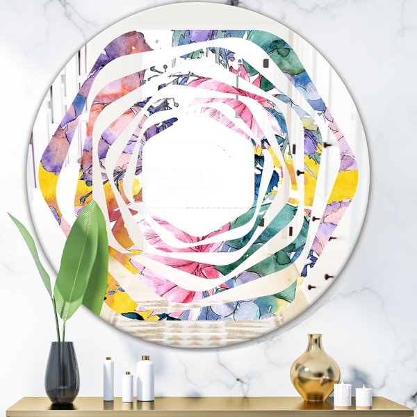 Designart 'Retro Floral Botanical V' Cottage Round or Oval Wall Mirror - Whirl - Multi