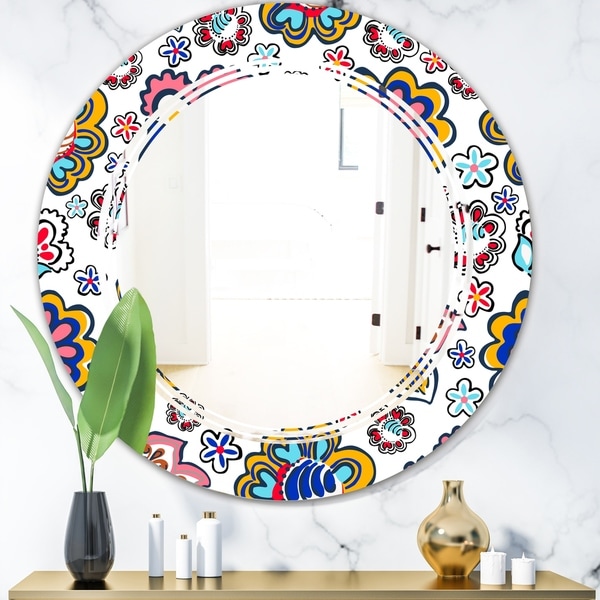 Designart 'Retro handdrawn flowers II' Modern Round or Oval Wall Mirror - Triple C - Multi