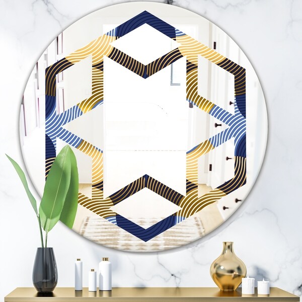 Designart 'Retro Luxury Waves In Gold and Blue II' Modern Round or Oval Wall Mirror - Hexagon Star