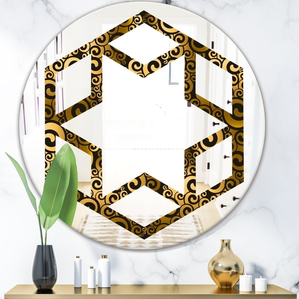 Designart 'Gold and Black Swirl I' Modern Round or Oval Wall Mirror - Hexagon Star