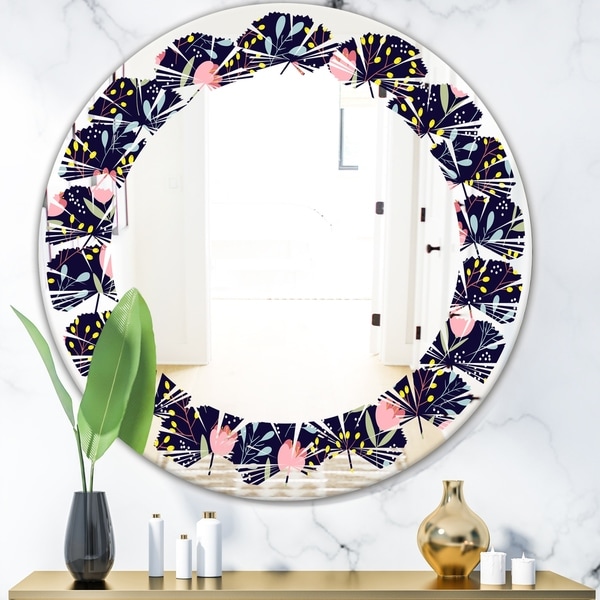 Designart 'Handdrawn Pink Flowers' Modern Round or Oval Wall Mirror - Leaves