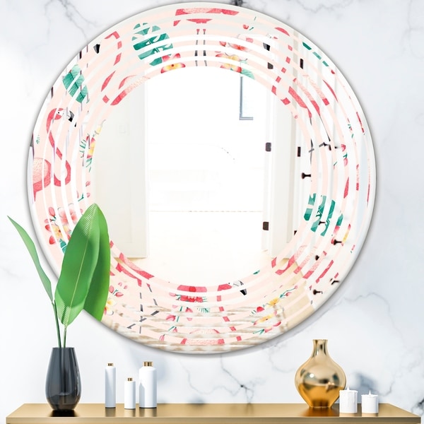 Designart 'Tropical Botanicals, Flowers and Flamingo II' Modern Round or Oval Wall Mirror - Wave