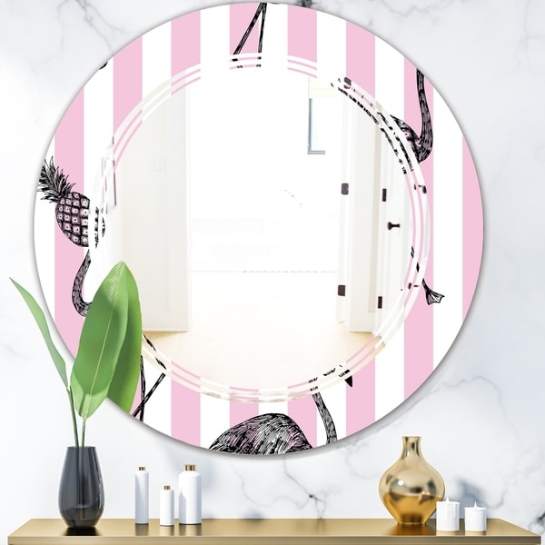 Designart 'Flamingo on Pink' Modern Round or Oval Wall Mirror - Triple C