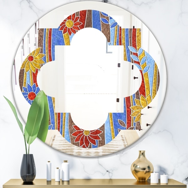 Designart 'Floral Retro Pattern III' Modern Round or Oval Wall Mirror - Quatrefoil - Multi