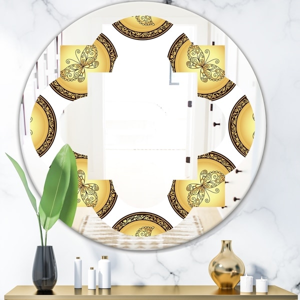 Designart 'Gold and browne pattern with gradient vintage circles' Modern Round or Oval Wall Mirror - Quatrefoil