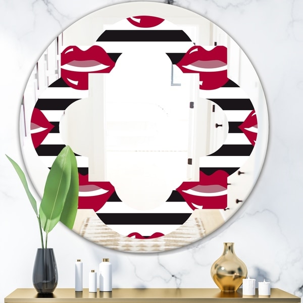 Designart 'Red Lips Fashion Pattern' Modern Round or Oval Wall Mirror - Quatrefoil