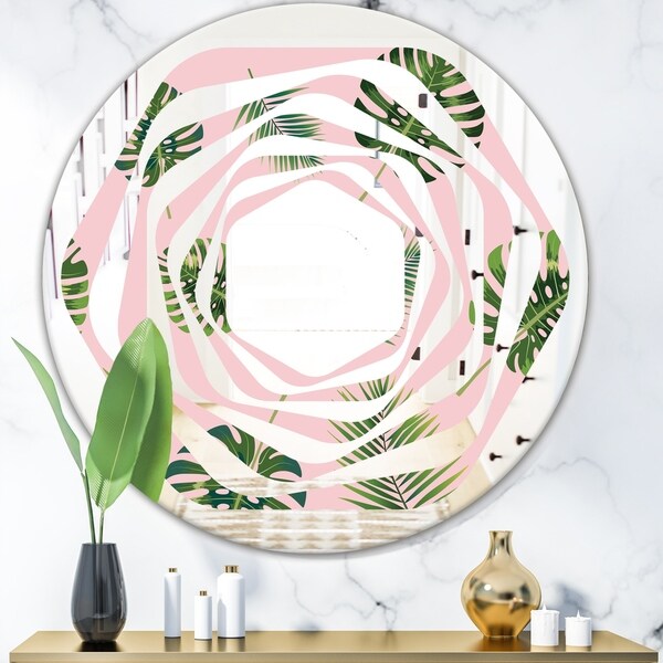 Designart 'Palm Tropical leaves pattern.' Modern Round or Oval Wall Mirror - Whirl