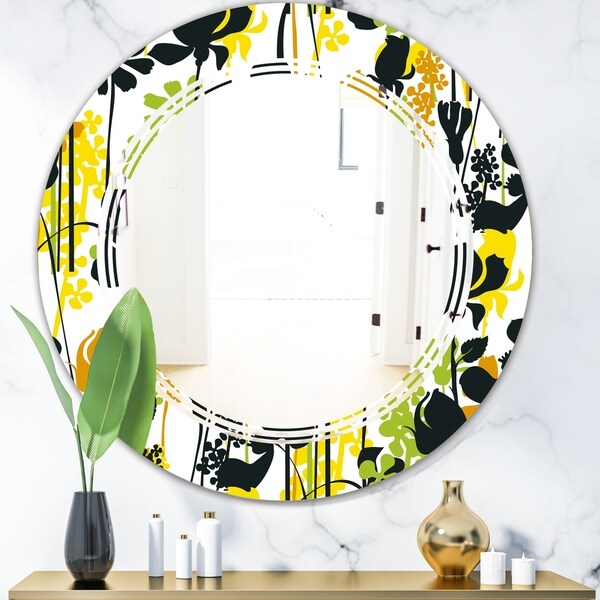 Designart 'Summer meadow pattern, black silhouettes' Modern Round or Oval Wall Mirror - Triple C