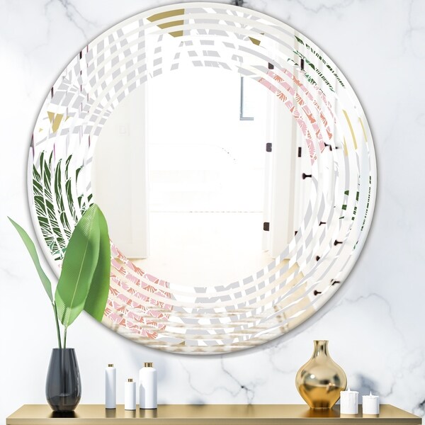 Designart 'Pineappple On Tropical Leaves' Modern Round or Oval Wall Mirror - Wave