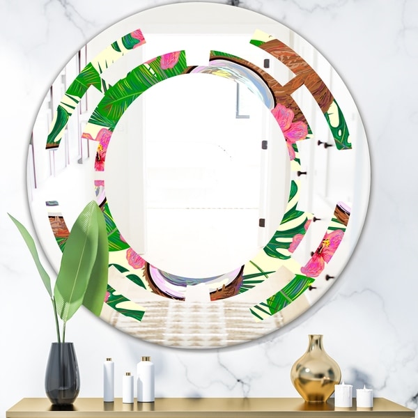 Designart 'Tropical Cooconut and Jungle Flowers' Modern Round or Oval Wall Mirror - Space
