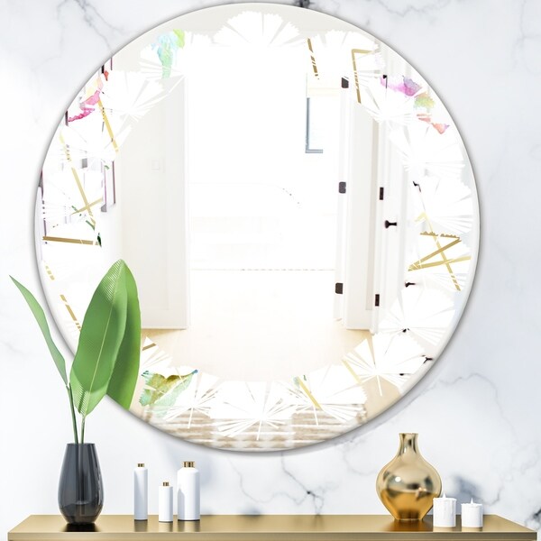 Designart 'Orange Rose Flower Retro Pattern' Modern Round or Oval Wall Mirror - Leaves