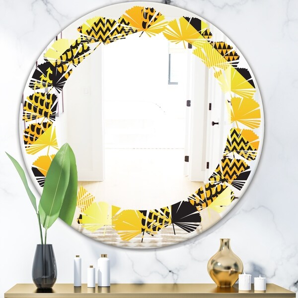 Designart 'Retro Hexagon Pattern II' Modern Round or Oval Wall Mirror - Leaves