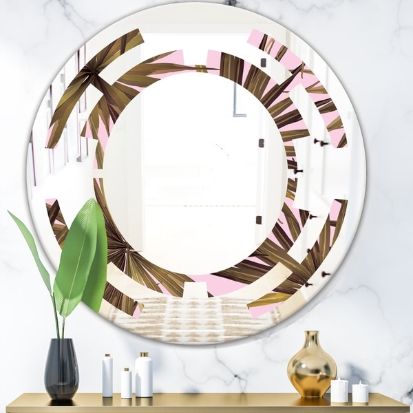Designart 'Tropical Leaves On Pink' Modern Round or Oval Wall Mirror - Space