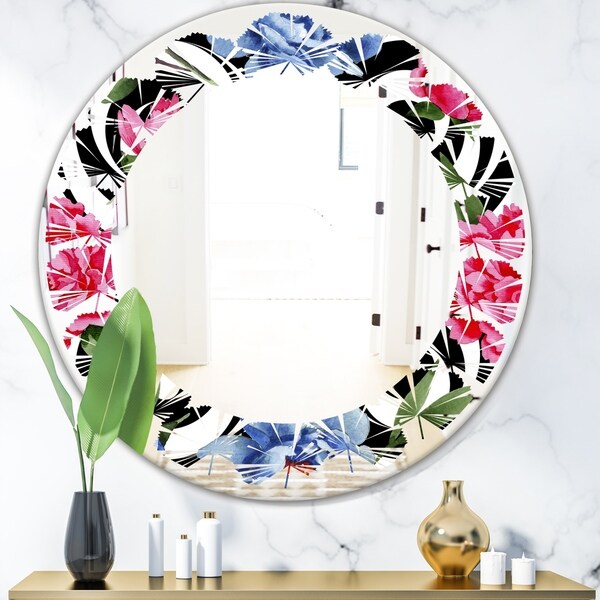 Designart 'Floral Retro Pattern I' Modern Round or Oval Wall Mirror - Leaves
