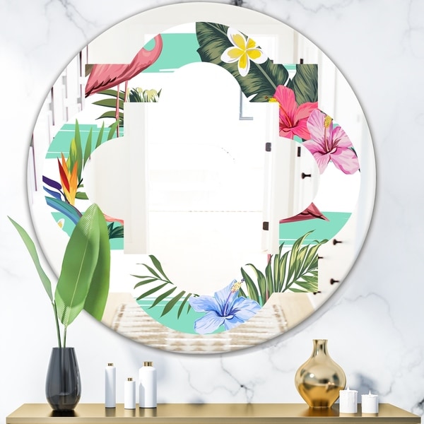 Designart 'Tropical Botanicals, Flowers and Flamingo' Modern Round or Oval Wall Mirror - Quatrefoil