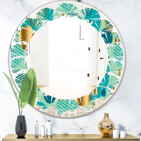 Designart 'Gold and Blue Dynamics III' Modern Round or Oval Wall Mirror - Leaves
