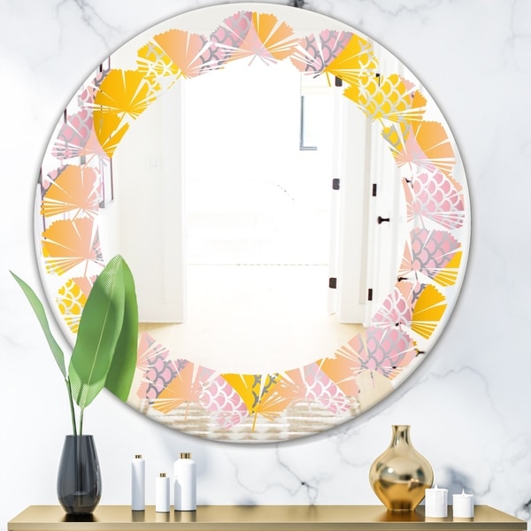 Designart 'Golden Geometrical Diamond Pattern IV' Modern Round or Oval Wall Mirror - Leaves