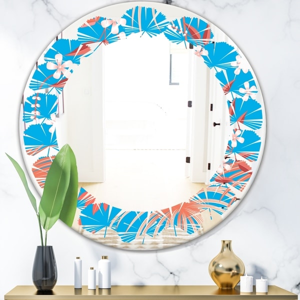 Designart 'Tropical Retro Foliage Coral II' Cottage Round or Oval Wall Mirror - Leaves