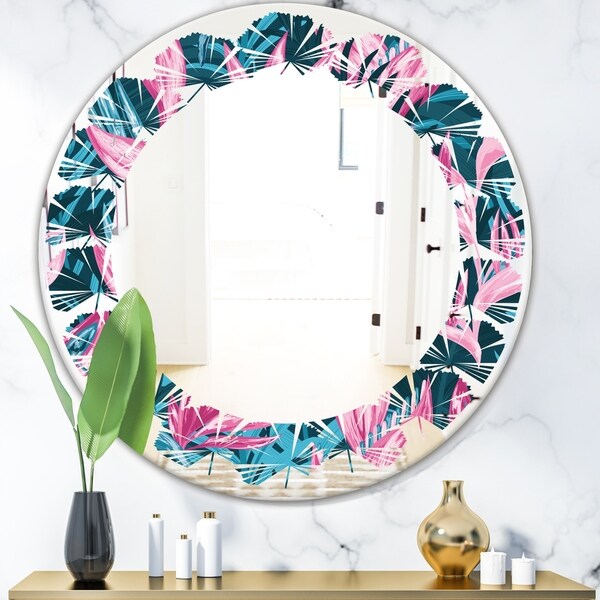 Designart 'Handdrawn Tropical Flowers' Modern Round or Oval Wall Mirror - Leaves