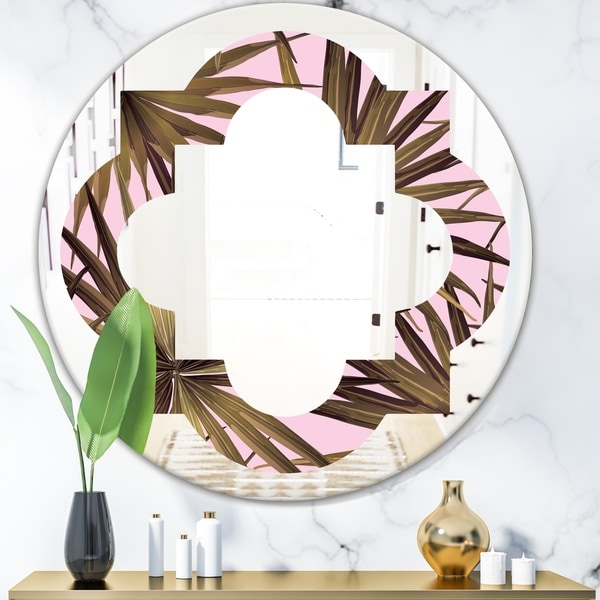 Designart 'Tropical Leaves On Pink' Modern Round or Oval Wall Mirror - Quatrefoil