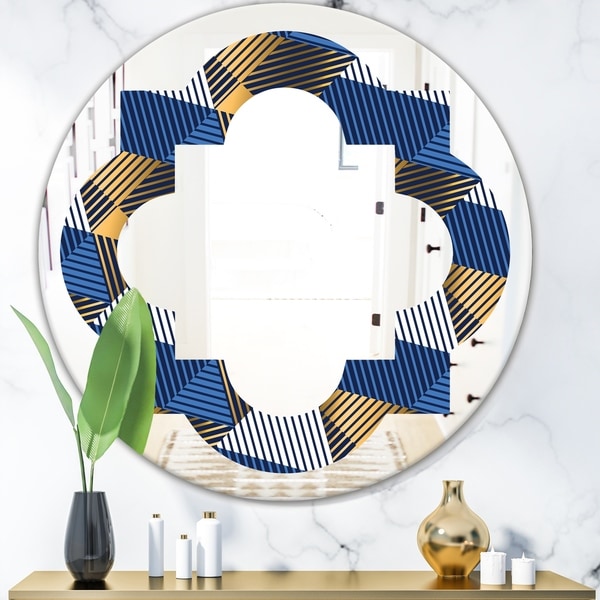 Designart 'Retro Luxury Waves In Gold and Blue V' Modern Round or Oval Wall Mirror - Quatrefoil