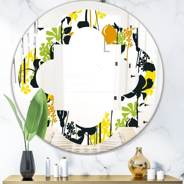 Designart 'Summer meadow pattern, black silhouettes' Modern Round or Oval Wall Mirror - Quatrefoil
