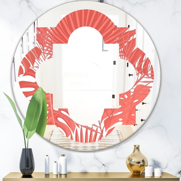 Designart 'Tropical Retro Foliage Coral I' Modern Round or Oval Wall Mirror - Quatrefoil