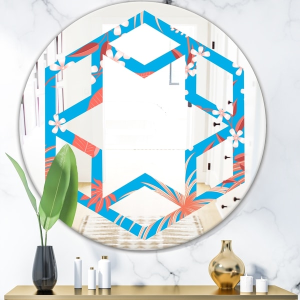 Designart 'Tropical Retro Foliage Coral II' Cottage Round or Oval Wall Mirror - Hexagon Star