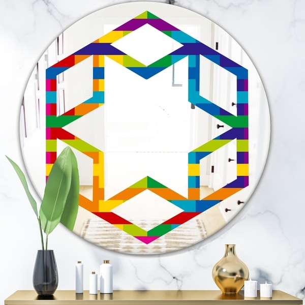 Designart 'Rainbow colors simple geometric pattern.' Modern Round or Oval Wall Mirror - Hexagon Star - Multi