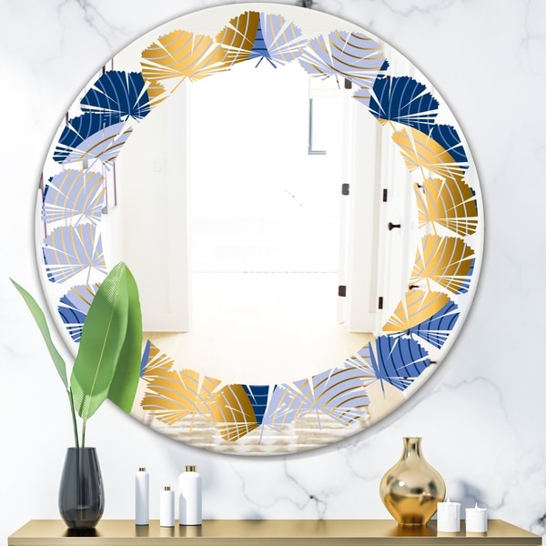 Designart 'Retro Luxury Waves In Gold and Blue X' Modern Round or Oval Wall Mirror - Leaves