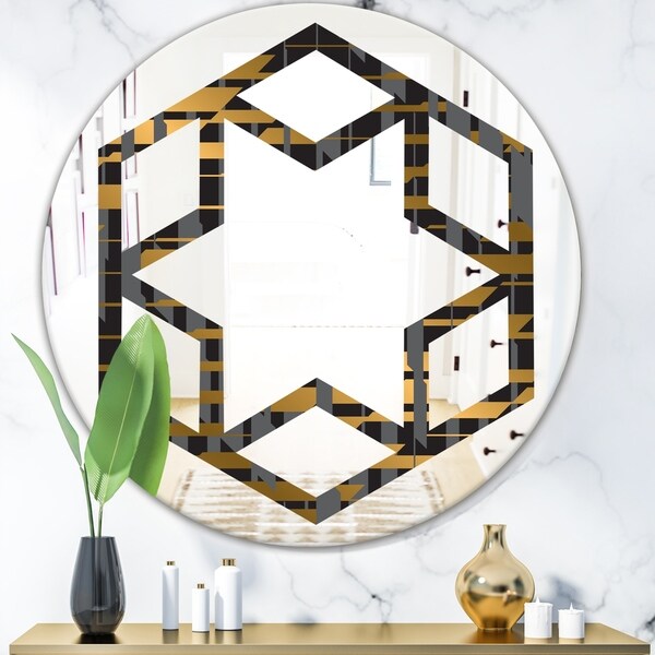 Designart 'Gold Checkered Pattern I' Modern Round or Oval Wall Mirror - Hexagon Star