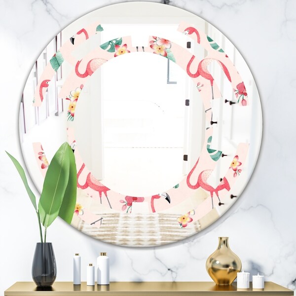 Designart 'Tropical Botanicals, Flowers and Flamingo II' Modern Round or Oval Wall Mirror - Space