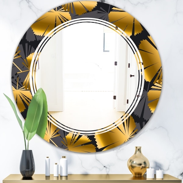 Designart 'Golden Palm Leaves III' Modern Round or Oval Wall Mirror - Triple C
