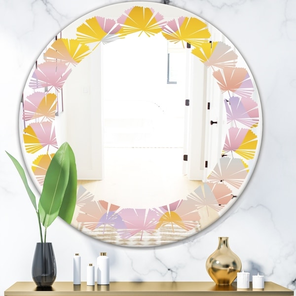 Designart 'Golden Geometrical Diamond Pattern II' Modern Round or Oval Wall Mirror - Leaves