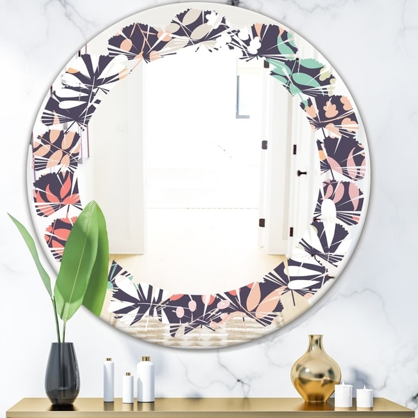 Designart 'Retro Botanical Pattern II' Modern Round or Oval Wall Mirror - Leaves - Multi
