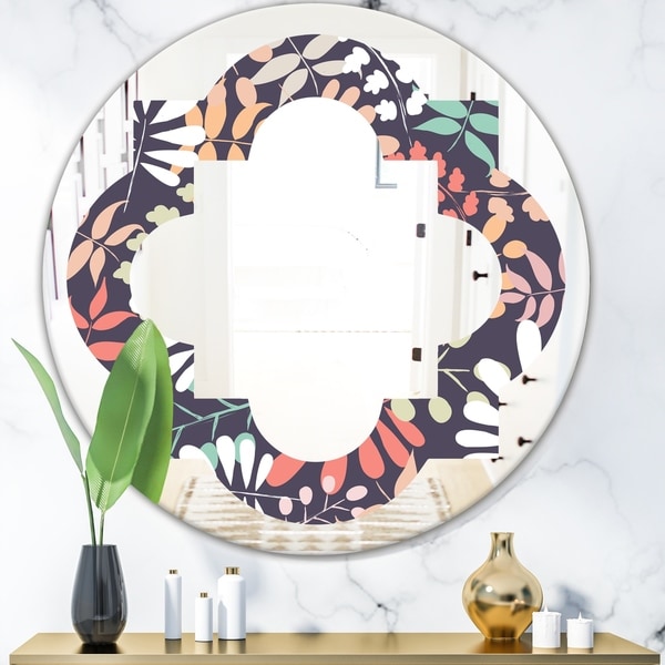 Designart 'Retro Botanical Pattern II' Modern Round or Oval Wall Mirror - Quatrefoil - Multi