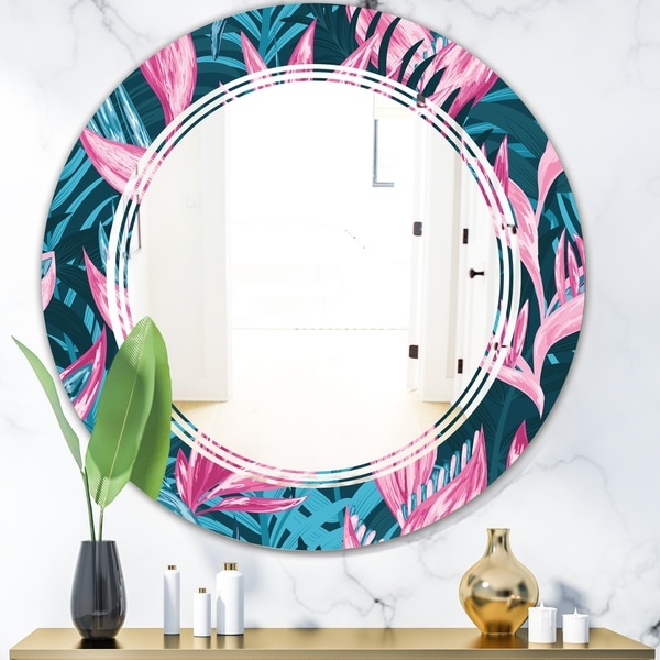 Designart 'Handdrawn Tropical Flowers' Modern Round or Oval Wall Mirror - Triple C