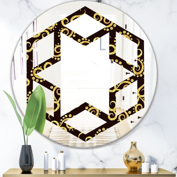Designart 'Gold and Black Swirl II' Modern Round or Oval Wall Mirror - Hexagon Star