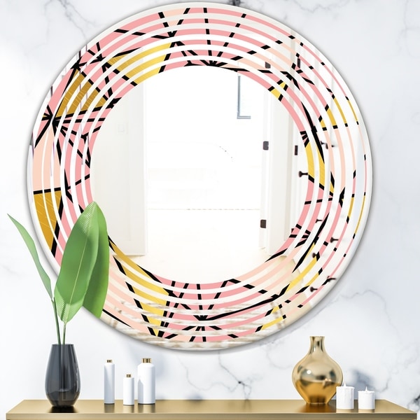 Designart 'Triangular Gold Design II' Modern Round or Oval Wall Mirror - Wave