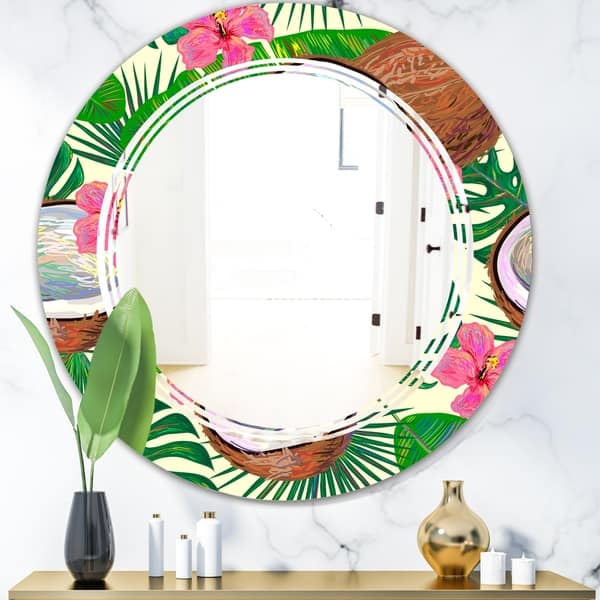 Designart Tropical Cooconut And Jungle Flowers Modern Round Or Oval Wall Mirror Triple C Overstock 29913216